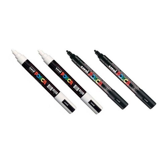 Posca 4 Marqueurs Art 2 Noir & 2 Blanc PC-5M Conique Moyen Pointe 2,5 mm,Tout Support