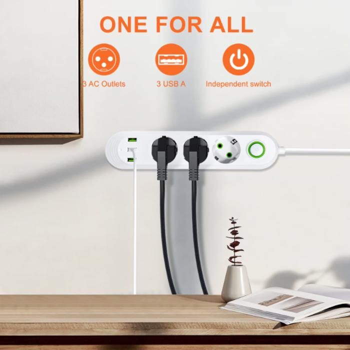 Multiprise intelligente avec ports USB, chargement rapide et sécurité pour maison intelligente.