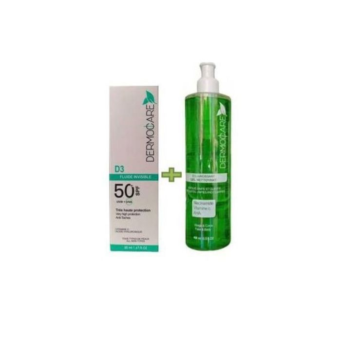 DermoCare PACK Ecran fluide invisible spf50 + Gel nettoyant éclaircissant 400 ML ,,