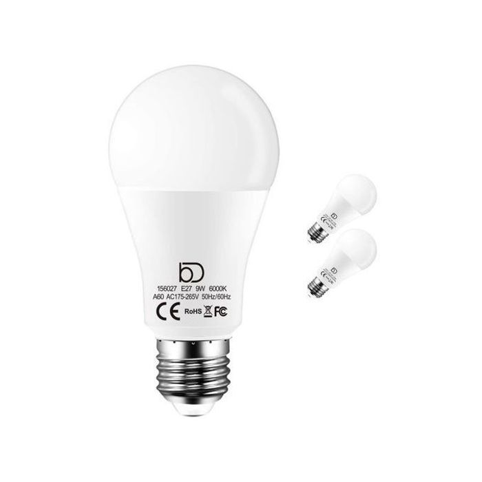 Lot de 2 ampoules LED E27, 9W, forme bulbe, lumière blanc froid