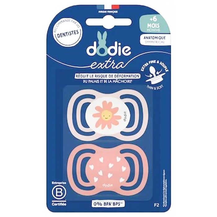 Sucettes-Dodie Extra 2 Sucettes Anatomiques Symmetrical + 6 MOIS  (Couleur : Fleur/Coeurs)