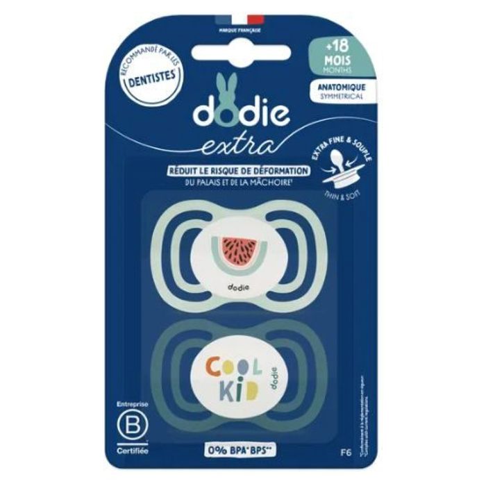 Sucettes-Dodie Extra 2 Sucettes Anatomiques 18 Mois et + (Modèle : Pastèque/Cool Kid)