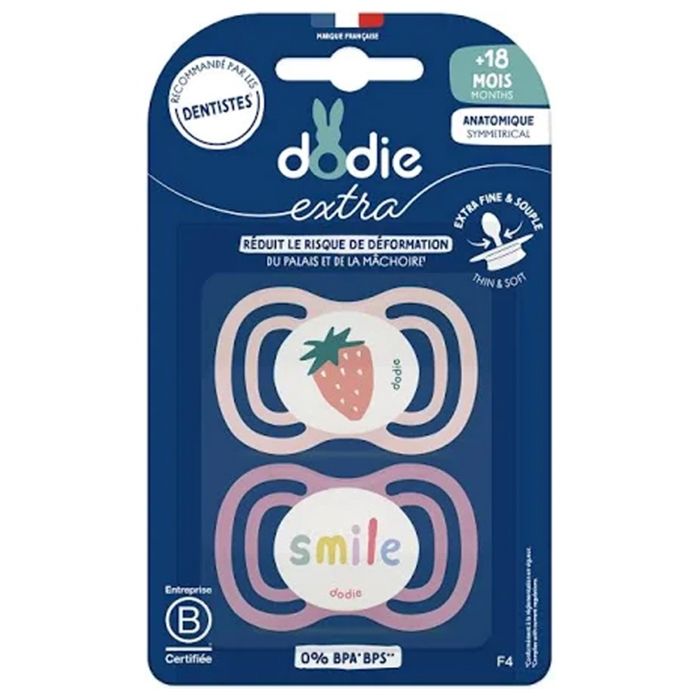 Sucettes-Dodie Extra 2 Sucettes Anatomiques 18 Mois et + (Modèle : Fraise/Smile)
