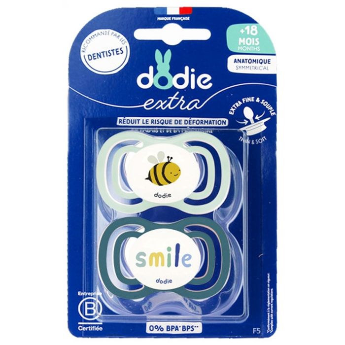 Sucettes-Dodie Extra 2 Sucettes Anatomiques 18 Mois et + (Modèle : Abeille/Smile)