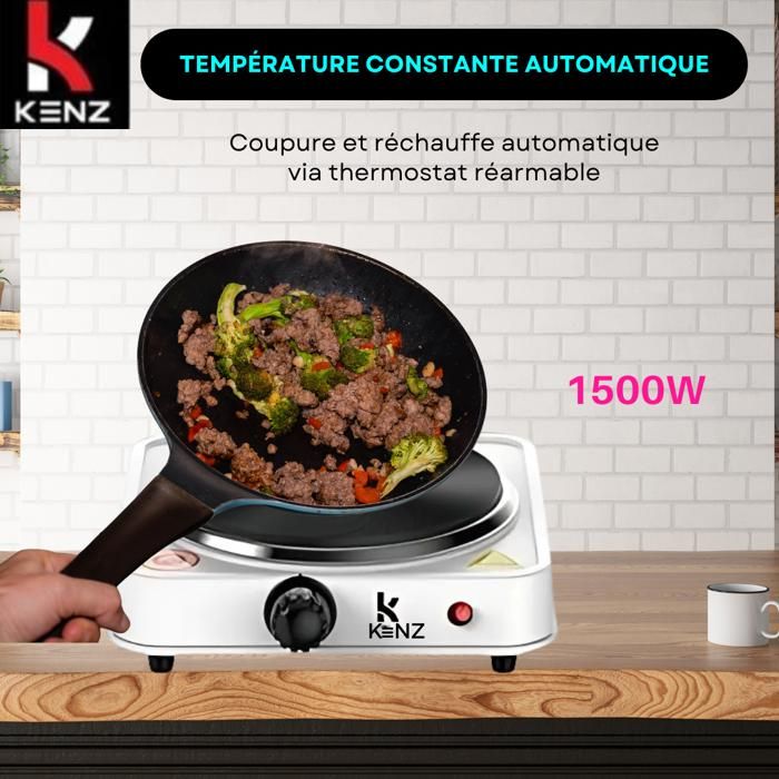 Plaque de Cuisson Électrique - Kenz 1500W - Thermostat Réglable - Design Portable - Sécurité Renforcée