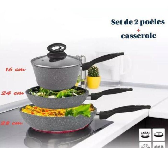 Batterie de cuisine - Non spécifié - 28cm, 24cm, 16cm - Antiadhésif  - Compatible induction-couleur aléatoire (marron ou gris)
