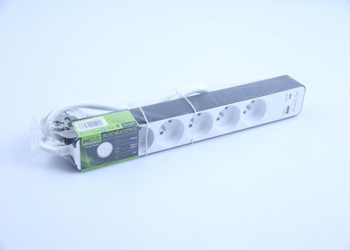 Bloc multiprises - MGS - FS-05KU2 - 5 prises - 2 ports USB - Parafoudre intégré