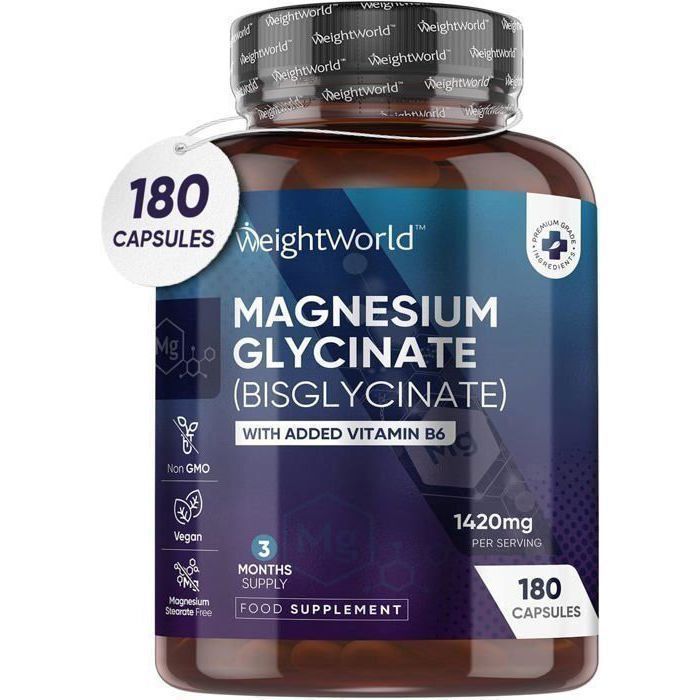 WeightWorld  Magnésium Glycinate Bisglycinate + Vitamine B6 Haute Dose 1420 mg, 180 Gélules - Made in UK