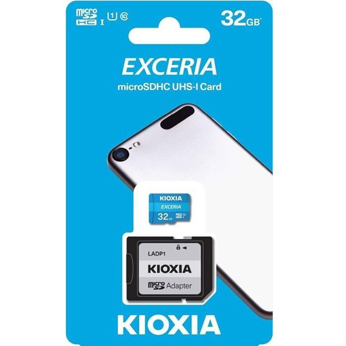 KIOXIA Carte mémoire 32Gb microSDHC UHS-1 C10 U1 Vitesse 100 Mo/s +Adaptateur microSD