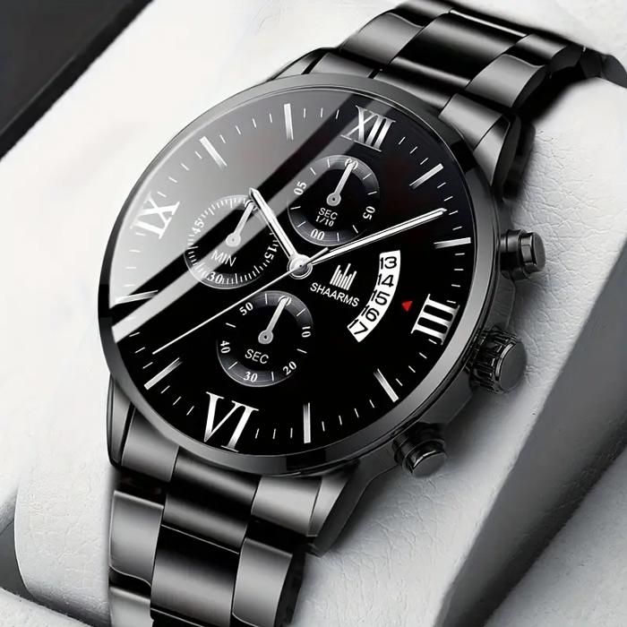 Montre - Élégante - Homme - Cadran Noir en Acier - Date - Design Classique