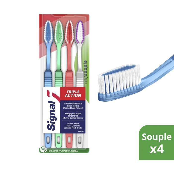 Brosse à dents - SIGNAL - Triple Defense Comfort - Lot de 4 - Poils ondulés - Gratte-langue - Manche ergonomique