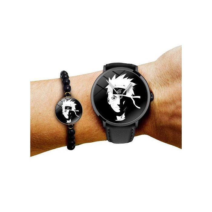 pack Montre à quartz avec Bande en Cuir et bracelet en perles Anime Naruto uzumaki naruto