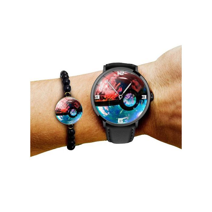 pack Montre à quartz avec Bande en Cuir et bracelet en perles pokémon poké ball