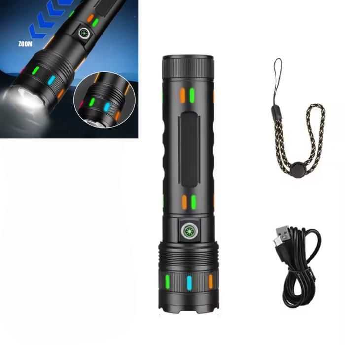 Lampe de poche P80 en métal robuste avec faisceau lumineux blanc et recharge USB-C.