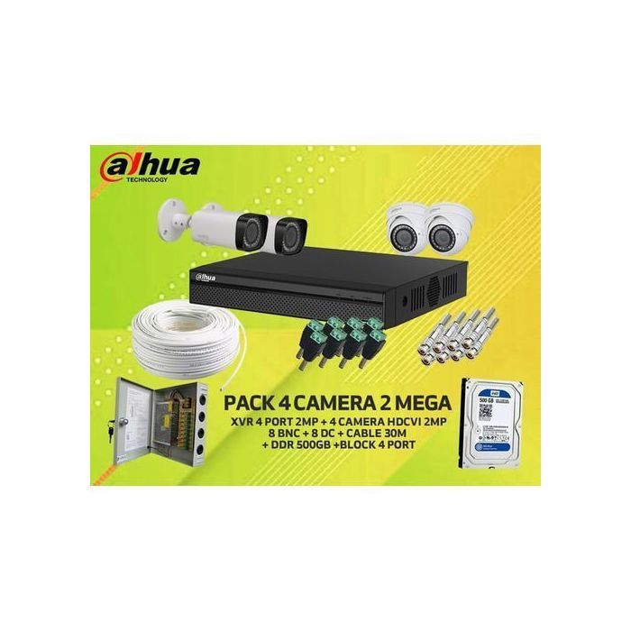 Dahua PACK 4 Camera  2 Mega + DVR XVR Dahua + Disque Dur 500 Go + Bloc Alim 4 Port + 30m cable