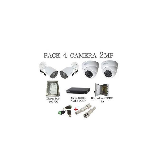 Dahua PACK 4 Camera 2 MP + DVR XVR 4 ports+ Disque Dur 500 Go+ Bloc Alim 4 Port
