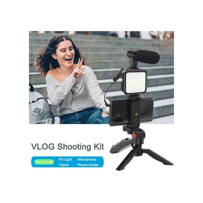 Support de téléphone portable pour vlogging, Kit avec microphone, lumière LED, trépied et télécommande