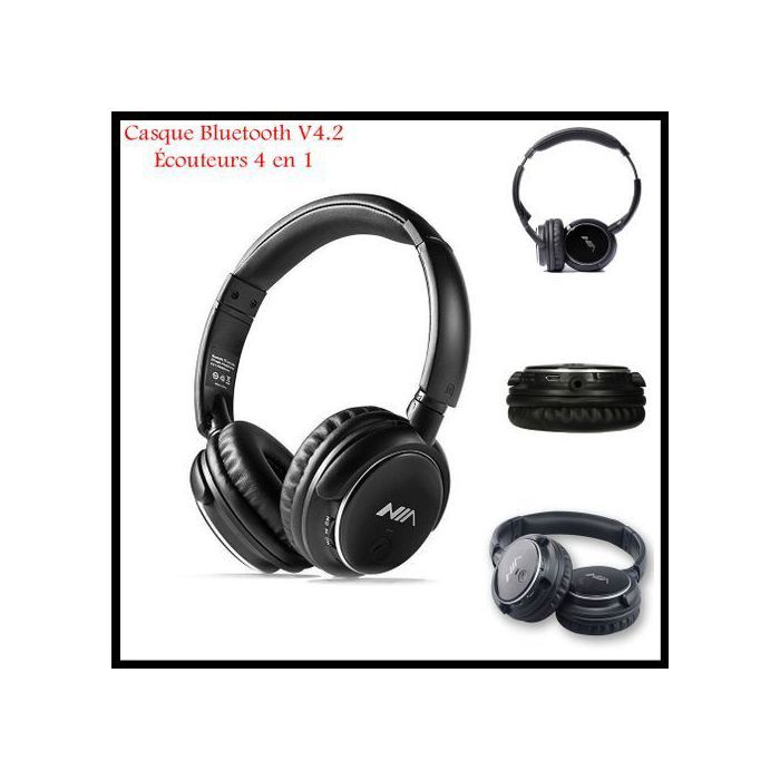 Nia Casque Bluetooth Sans Fil Q1 avec Micro, Auxiliaire et Radio FM, Carte Mémoire