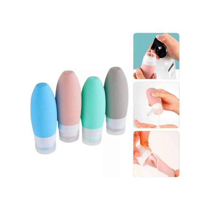 Kit de 4 flacons de voyage en silicone, Bouteilles rechargeables 90 ml pour shampoing, gel douche et lotions