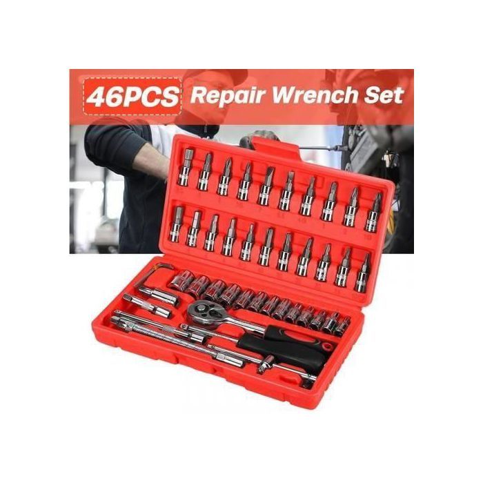 Kit d'Outils Polyvalents 46 Pièces avec Douilles et Clé à Cliquet pour Réparations Automobiles