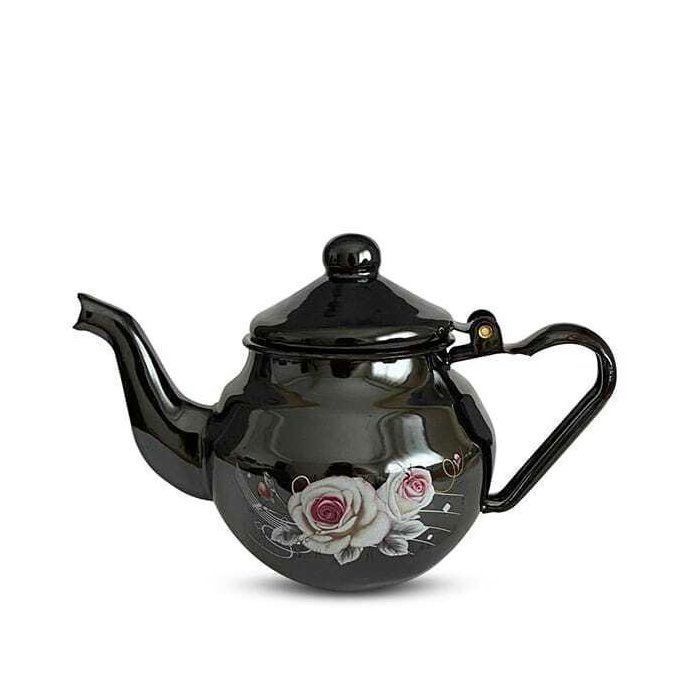 Théière Émaillée Artisanale noire  – Motifs Floraux Peints à la Main