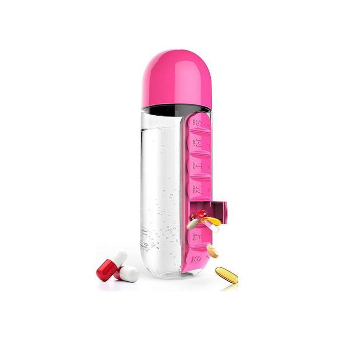 Bouteille d'eau 2 en 1 avec pilulier hebdomadaire, pour le sport et les déplacements, Rose