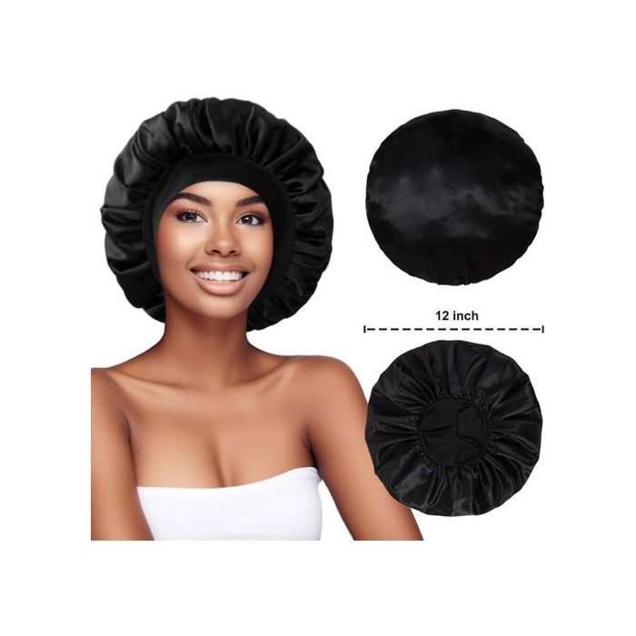 Bonnet de Nuit en Satin élastique à Large bande pour Femme,Cheveux Longs, Cheveux Bouclés, Confortable Et Respirant, Noir