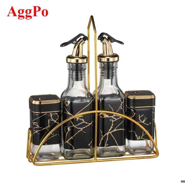 Ensemble Distributeur d’Huile et Épices – Design Noir et Doré avec Support Métallique