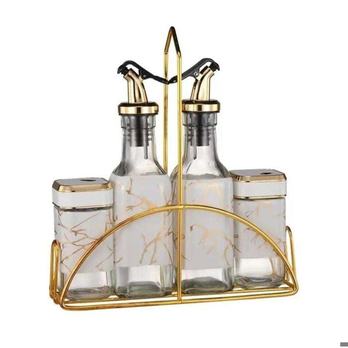 Ensemble Distributeur d’Huile et Épices – Design Noir et Doré avec Support Métallique