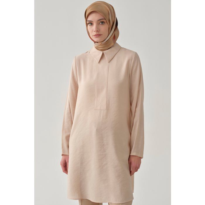 Tunique - Tuğba - Beige - Manches longues - Coupe loose - Taille jusqu'au 52