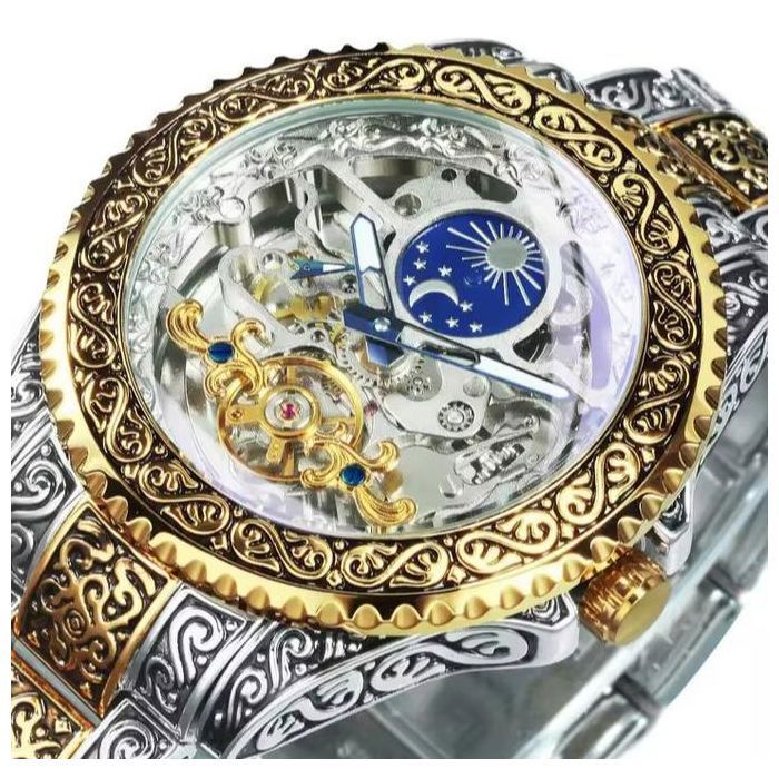 Montre automatique squelette - GENERIC - Luxe - Acier inoxydable - Argent et Doré - 43,5 mm