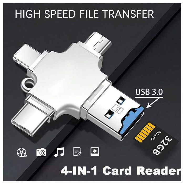 Lecteur de carte mémoire Micro SD 4 en 1, adaptateur pour IPhone Ipad Android Mac PC caméra Type C é