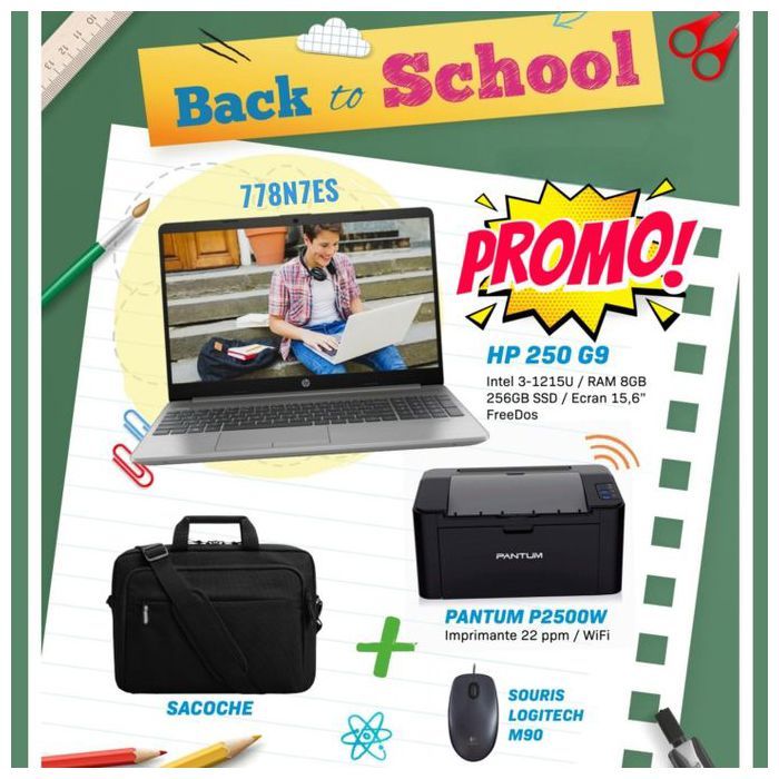 Ordinateur Portable Hp Notebook 250 G9 i3 12th (778N7ES) + imprimante P2500w + Souris M90