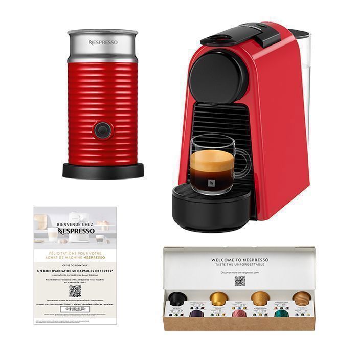 Machine à café Essenza Mini - NESPRESSO - Rouge - Avec Aeroccino 3 - 19 bars - Compacte et stylée