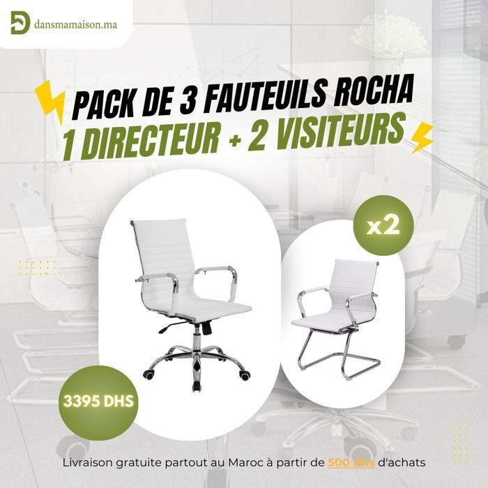 Pack de 3 fauteuils - Rocha - Blanc - 1 directeur réglable - 2 visiteurs - Design contemporain