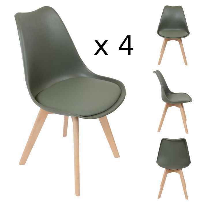 Chaises - SCANDI - Kaki - Lot de 4 - Plastique et bois massif - Style scandinave moderne