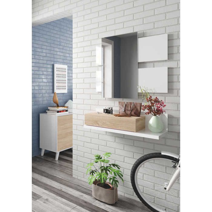 Meuble d'entrée - TEKKAN - Blanc et Chêne - Miroir Inclus - Design Contemporain - Pratique et Élégant