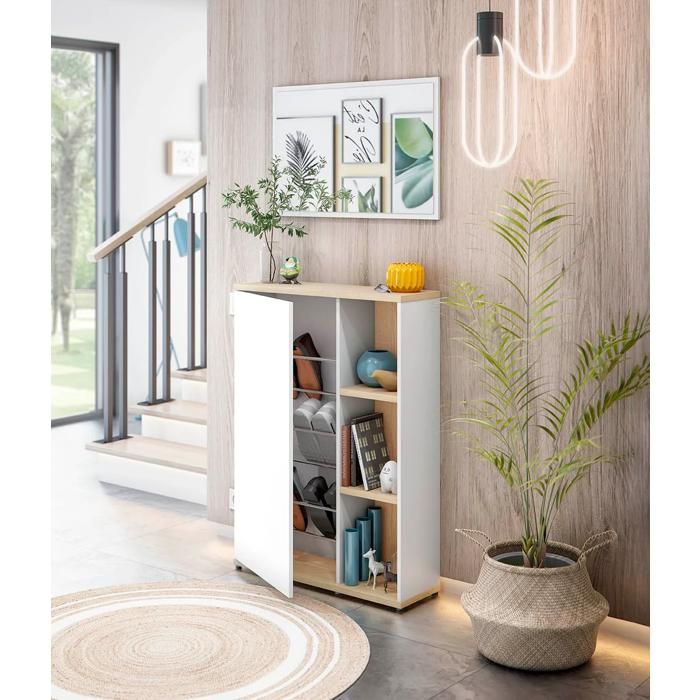 Meuble d'entrée - ADHARA - Blanc et chêne - Miroir inclus - Design contemporain - 108 cm de hauteur