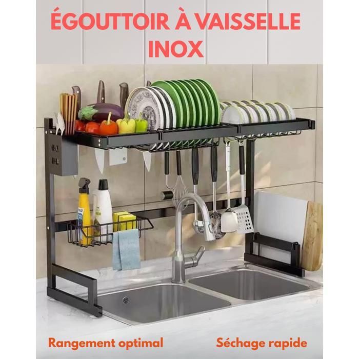 Rangement cuisine sur évier - Égouttoir à vaisselle - 2 étages - Acier inoxydable - Noir - Contemporain
