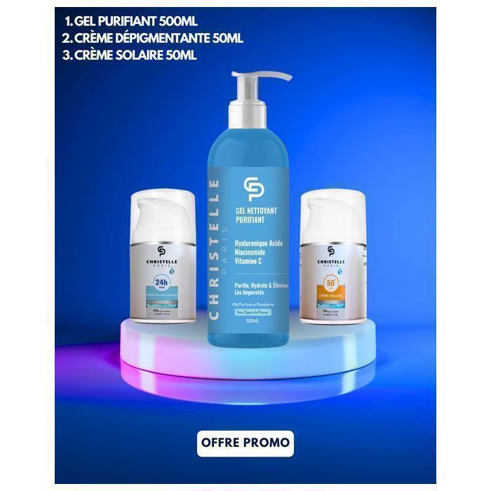 Pack - Gel nettoyant Purifiant 500ml +Crème dépigmentante éclaircissant 50ml + Crème solaire invisible 50ml