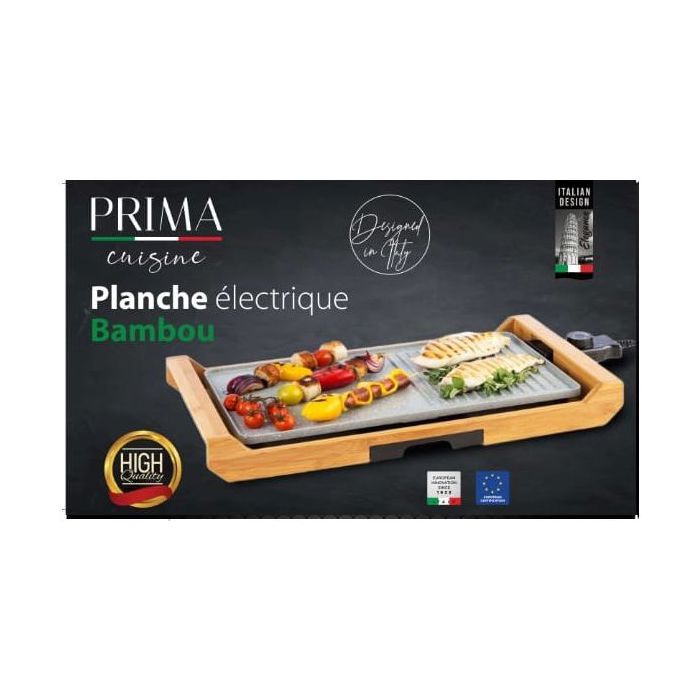Planche Electrique - PRIMA - 1800W - Support en Bambou - Antiadhésif - Pour 4 personnes