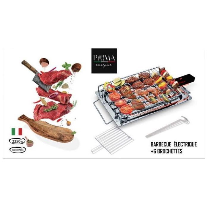 Barbecue Électrique - Prima - 2250W - 6 Brochettes - Inox - Facile à Nettoyer