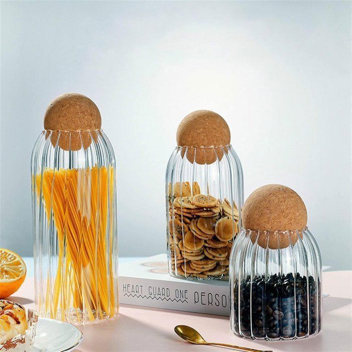 Bocaux de stockage - AYA HOME - Set de 3 - Verre et bambou - 900ml, 500ml, 300ml - Transparent