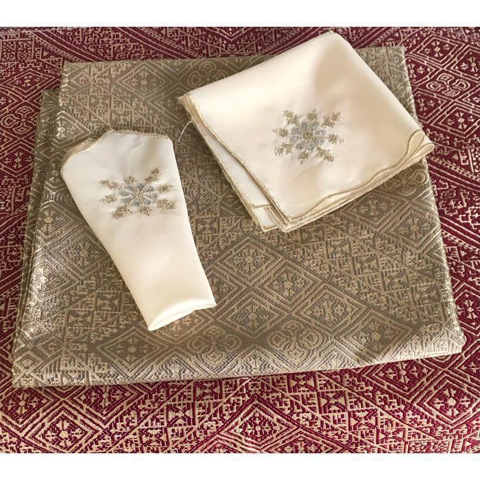 Ensemble Nappe de table - Skeli - Khrib - 12 Serviettes brodées - Tissu lavable - Beige/Taupe