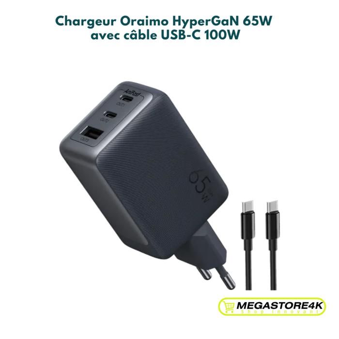 Chargeur Oraimo HyperGaN 65W avec câble USB-C 100W