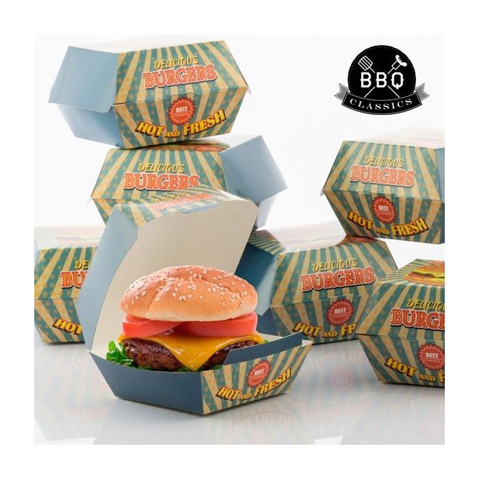 Ensemble de boîtes pour hamburger - BBQ CLASSICS - Pack de 8 - Carton - Dimensions 14x5,5x13 cm - Bleu
