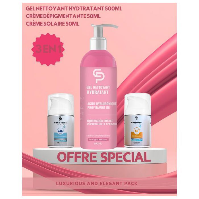 Lot de 3 : Gel Nettoyant Hydratant 500ML, Crème anti-taches brunes 50ML et Crème protection 50ML