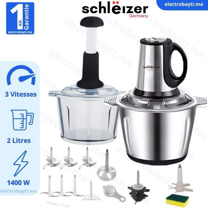 Hachoir électrique - SCHLEIZER - 1400W - 2L - 18 pièces - Bol inox et verre