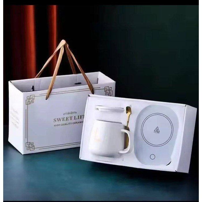 Coffret Cadeau Mug Chauffant Électrique - Sweet Life - Céramique - Cuillère Dorée - Socle Chauffant