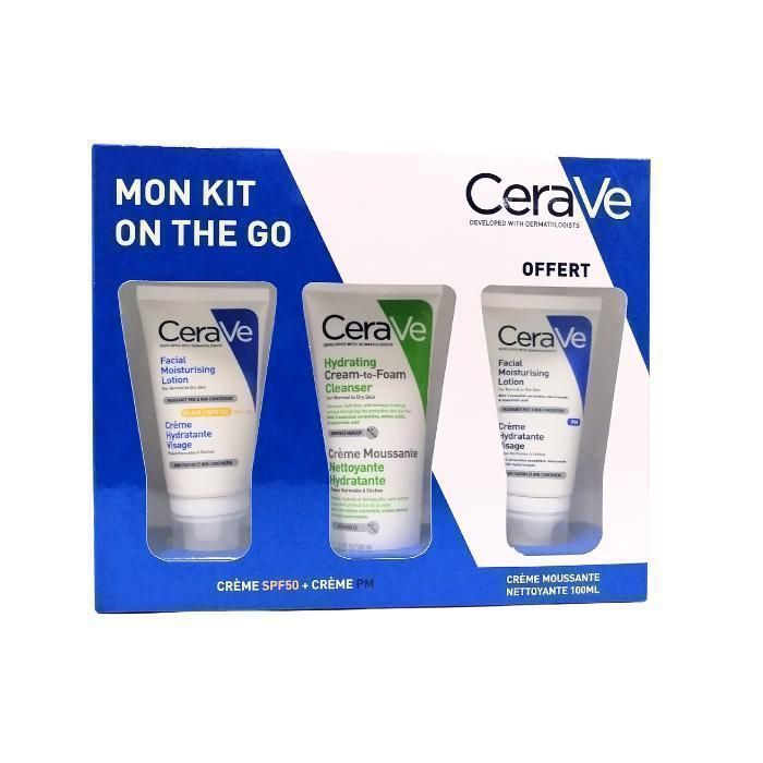 Kit de soins - CeraVe - On the Go - Crème Hydratante 52ml - Crème SPF 50 - Crème Moussante